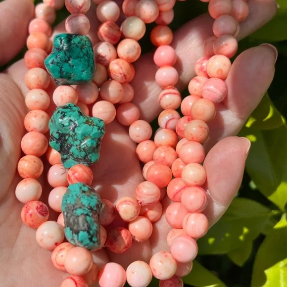 VINTAGE ANGEL SKIN CORAL &LARGE TURQUOISE BEADS LONG NECKLACE UNIQUE COLOR COMBO